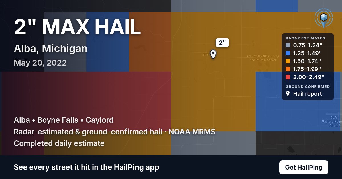 Storm map for Alba, MI on May 20, 2022, showing where hail was reported