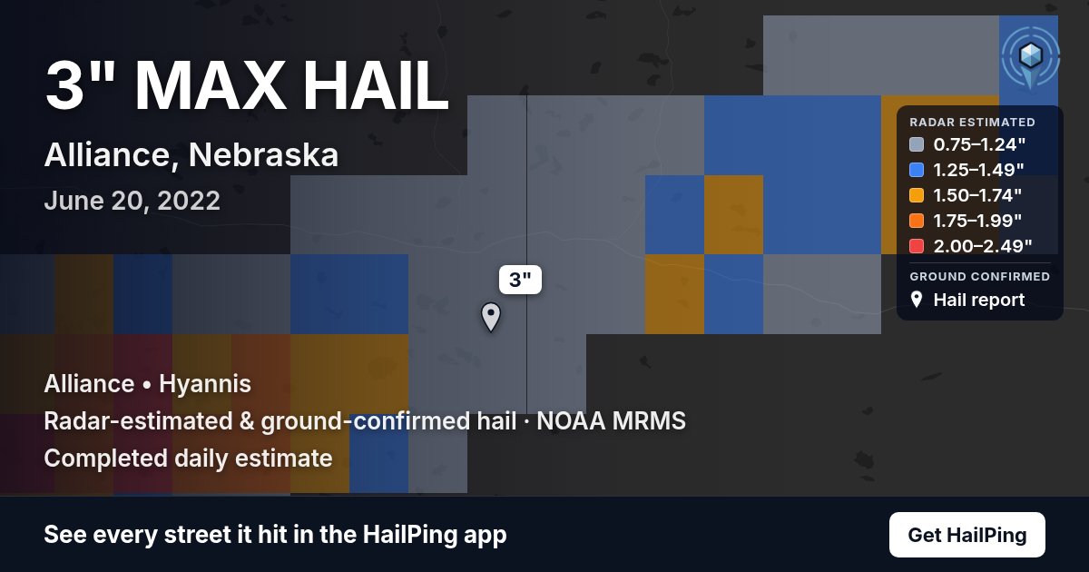 Storm map for Alliance, NE on June 20, 2022, showing where hail was reported