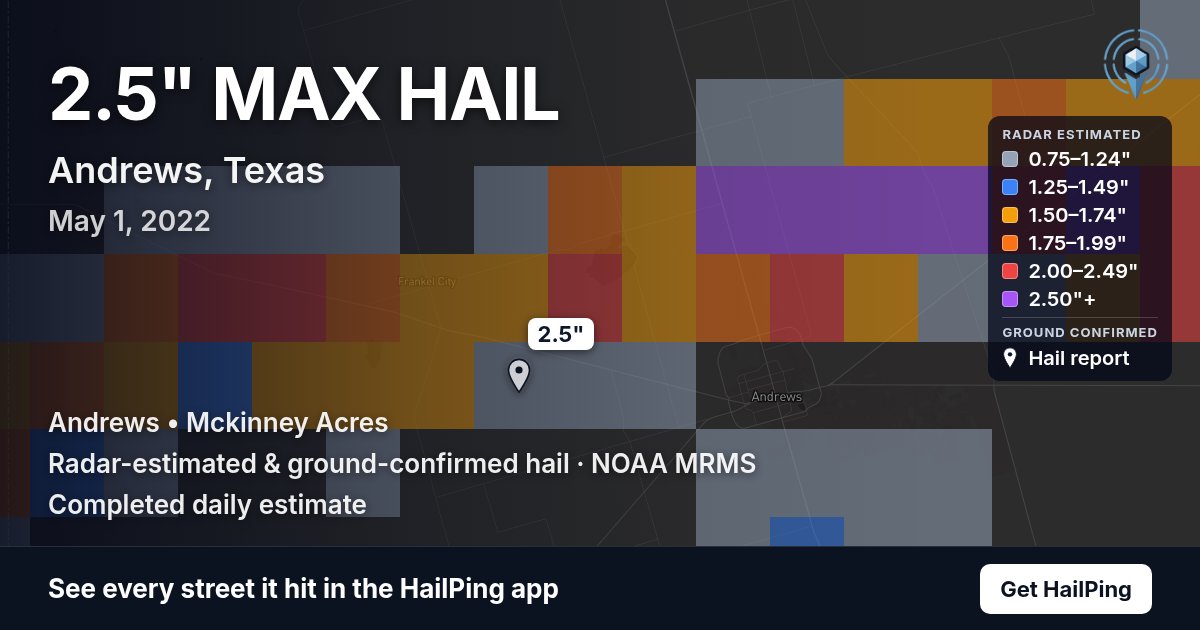 Storm map for Andrews, TX on May 1, 2022, showing where hail was reported
