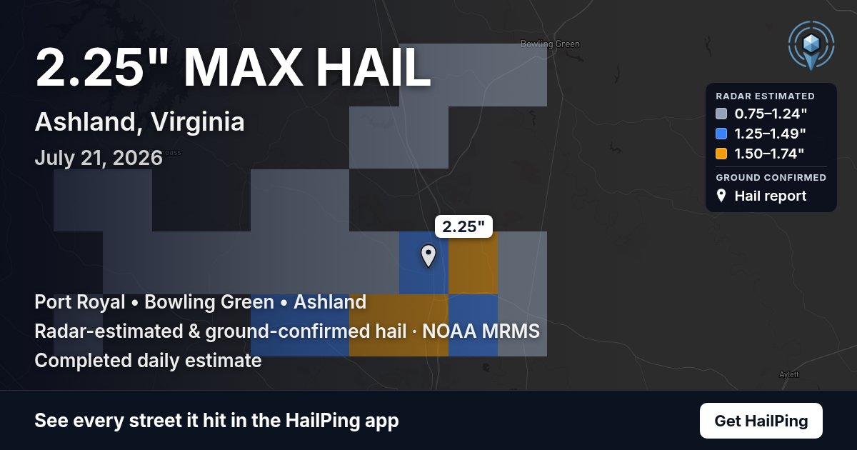 Storm map for Ashland, VA on July 21, 2026, showing where hail was reported
