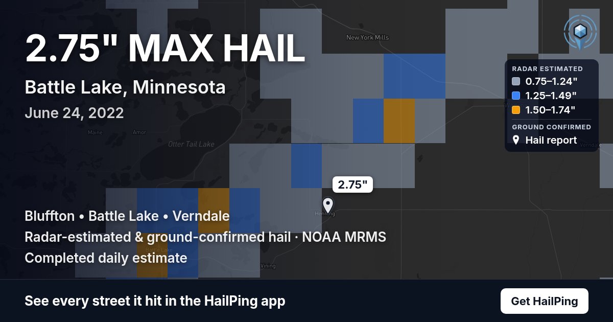Storm map for Battle Lake, MN on June 24, 2022, showing where hail was reported