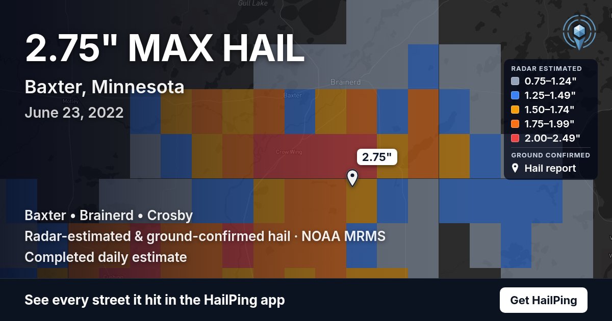 Storm map for Baxter, MN on June 23, 2022, showing where hail was reported
