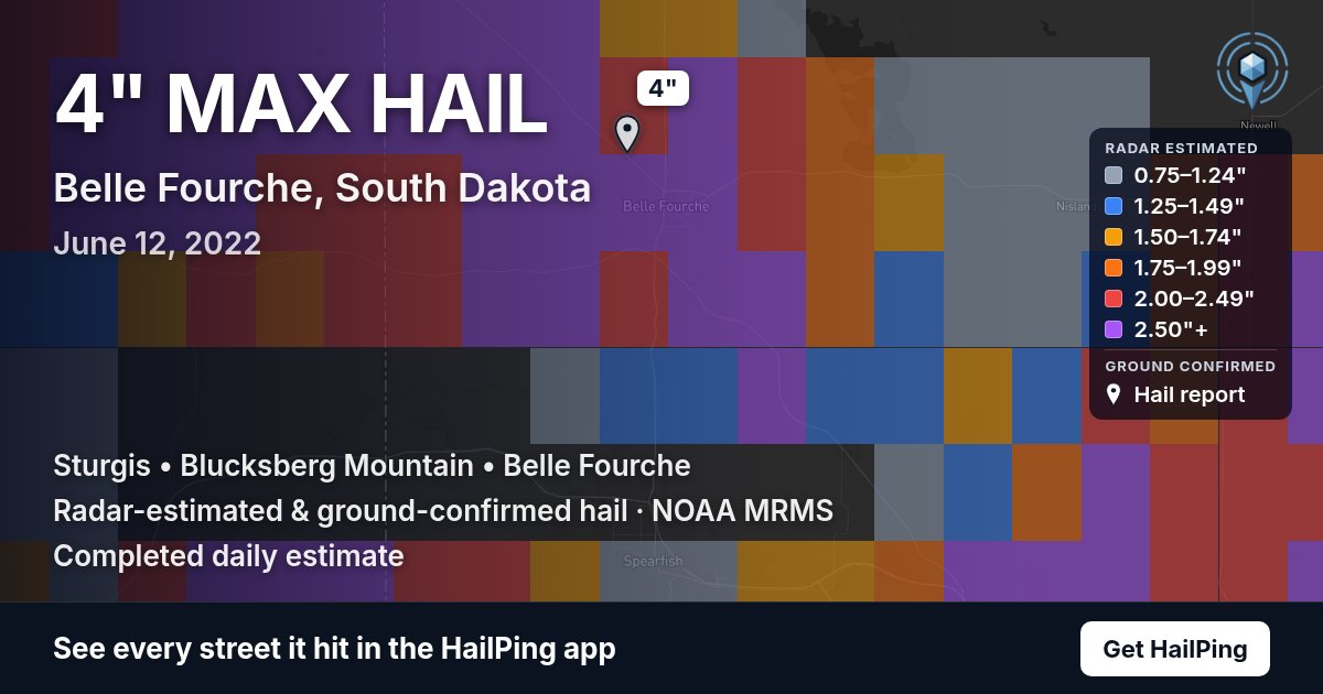 Storm map for Belle Fourche, SD on June 12, 2022, showing where hail was reported
