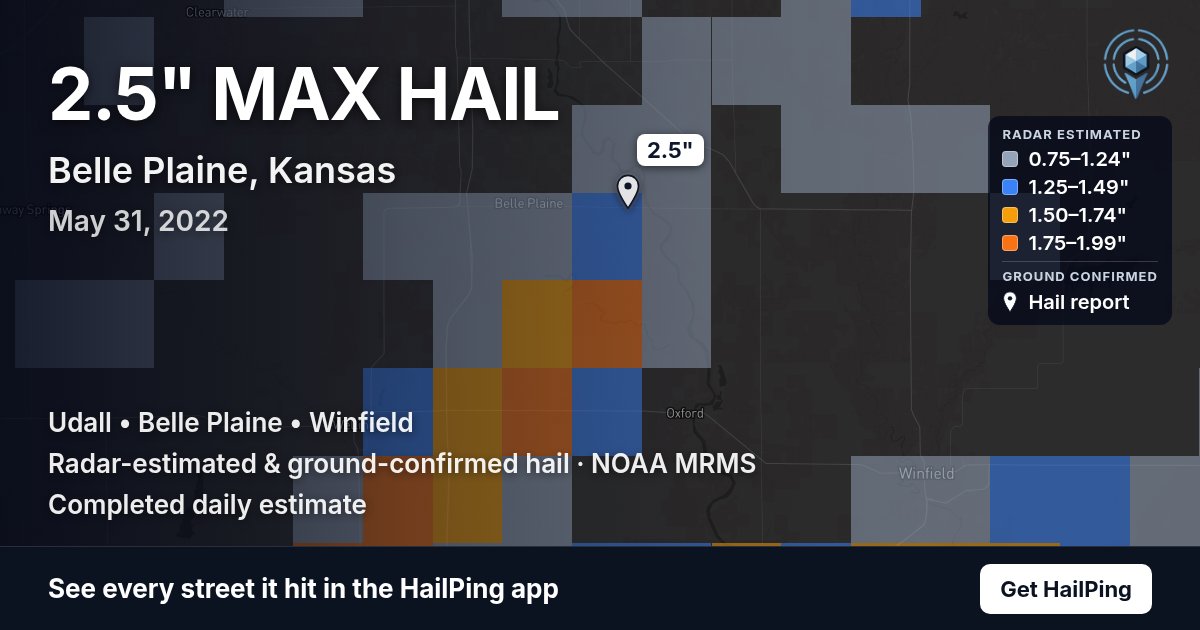 Storm map for Belle Plaine, KS on May 31, 2022, showing where hail was reported