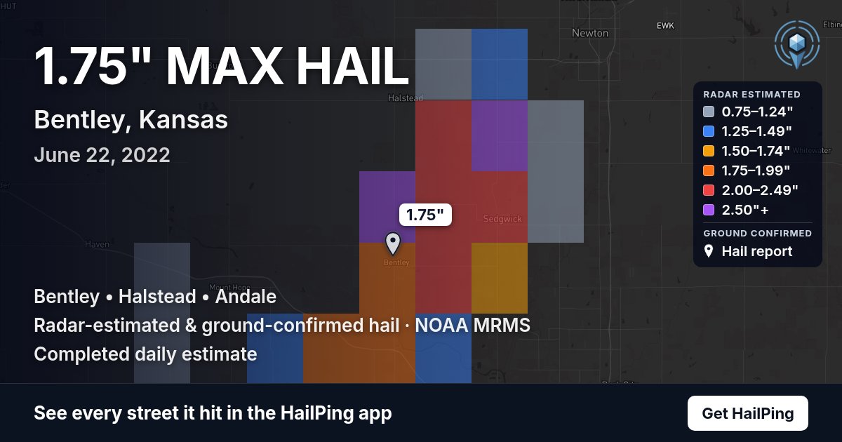 Storm map for Bentley, KS on June 22, 2022, showing where hail was reported
