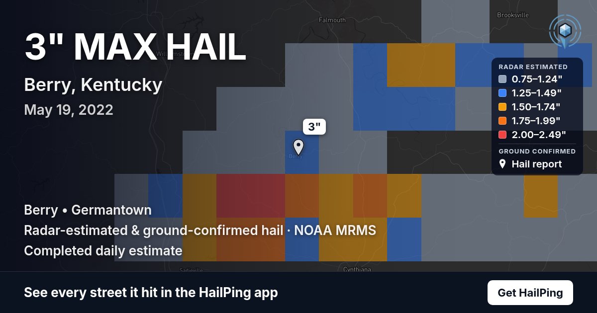 Storm map for Berry, KY on May 19, 2022, showing where hail was reported