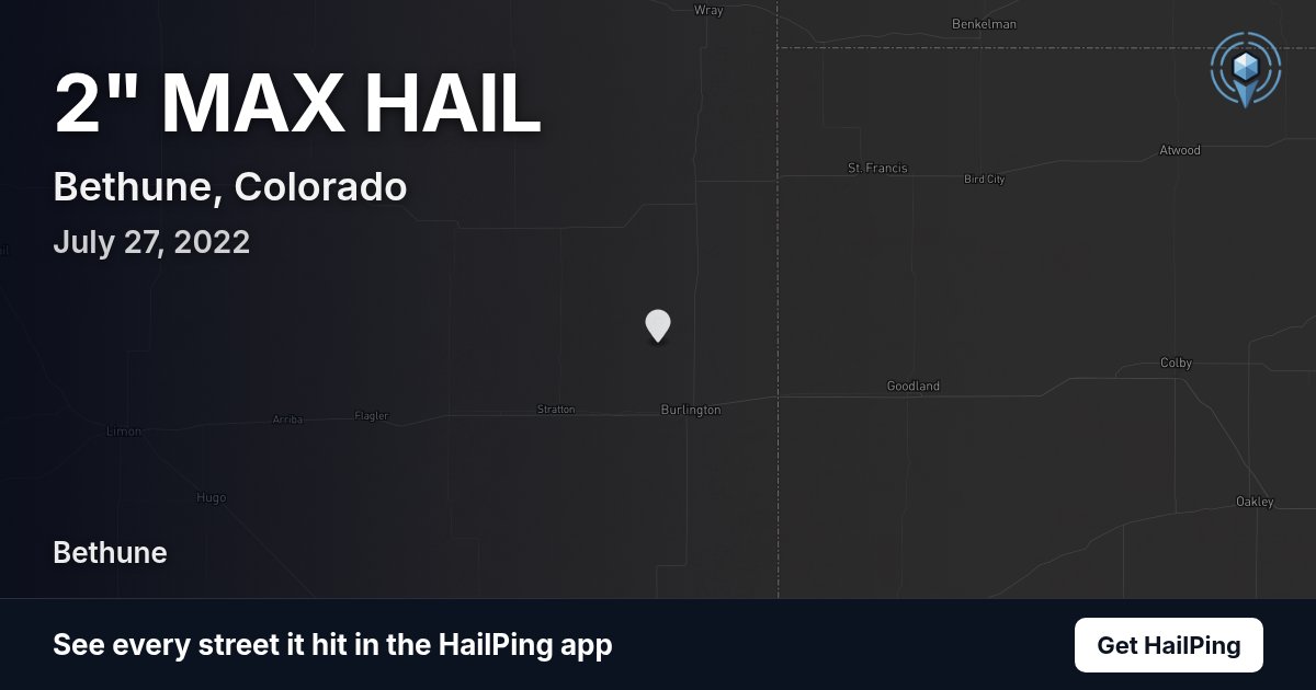 Storm map for Bethune, CO on July 27, 2022, showing where hail was reported