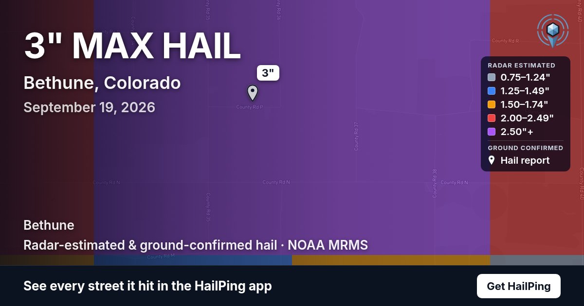 Storm map for Bethune, CO on September 19, 2026, showing where hail was reported