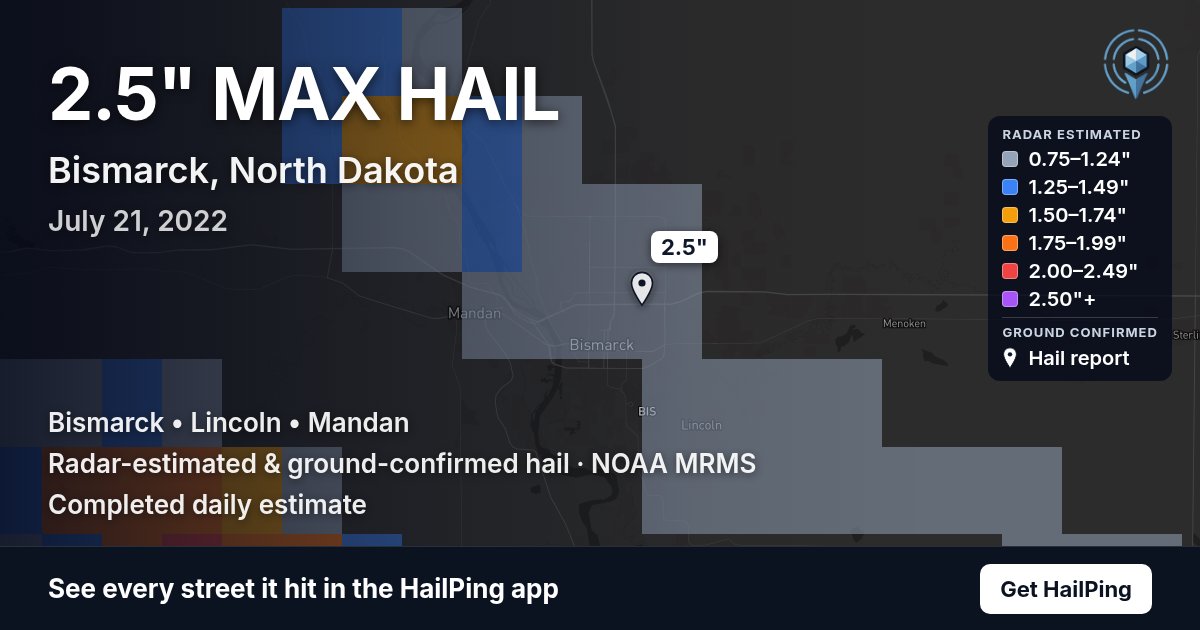 Storm map for Bismarck, ND on July 21, 2022, showing where hail was reported