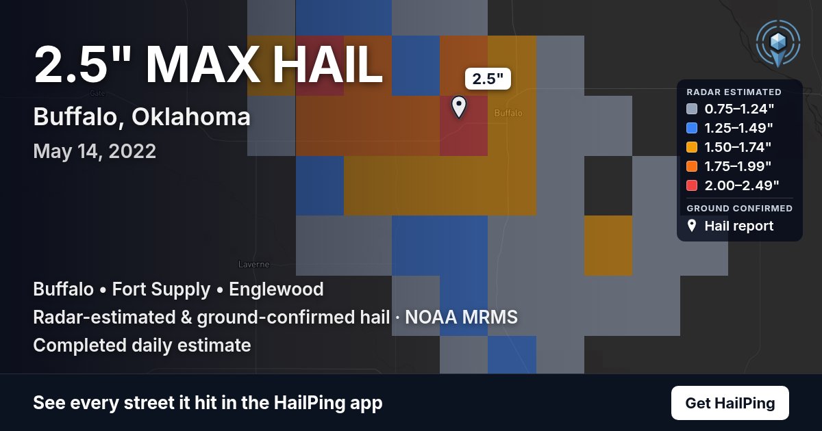 Storm map for Buffalo, OK on May 14, 2022, showing where hail was reported