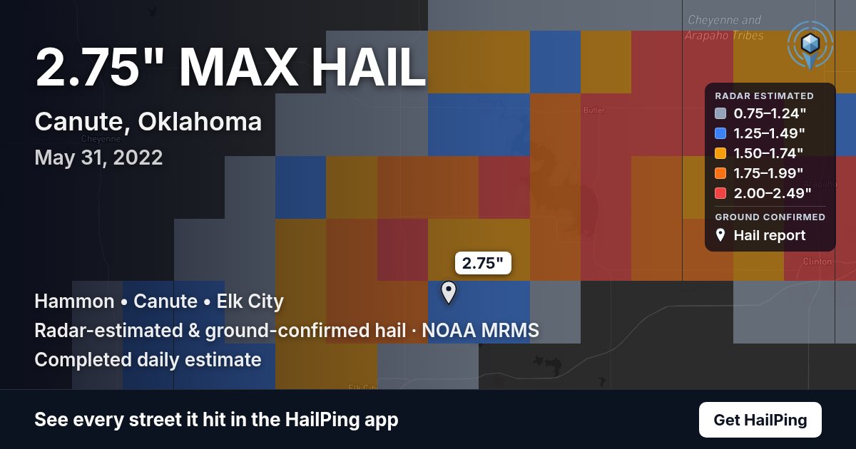 Storm map for Canute, OK on May 31, 2022, showing where hail was reported