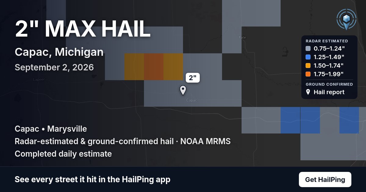 Storm map for Capac, MI on September 2, 2026, showing where hail was reported