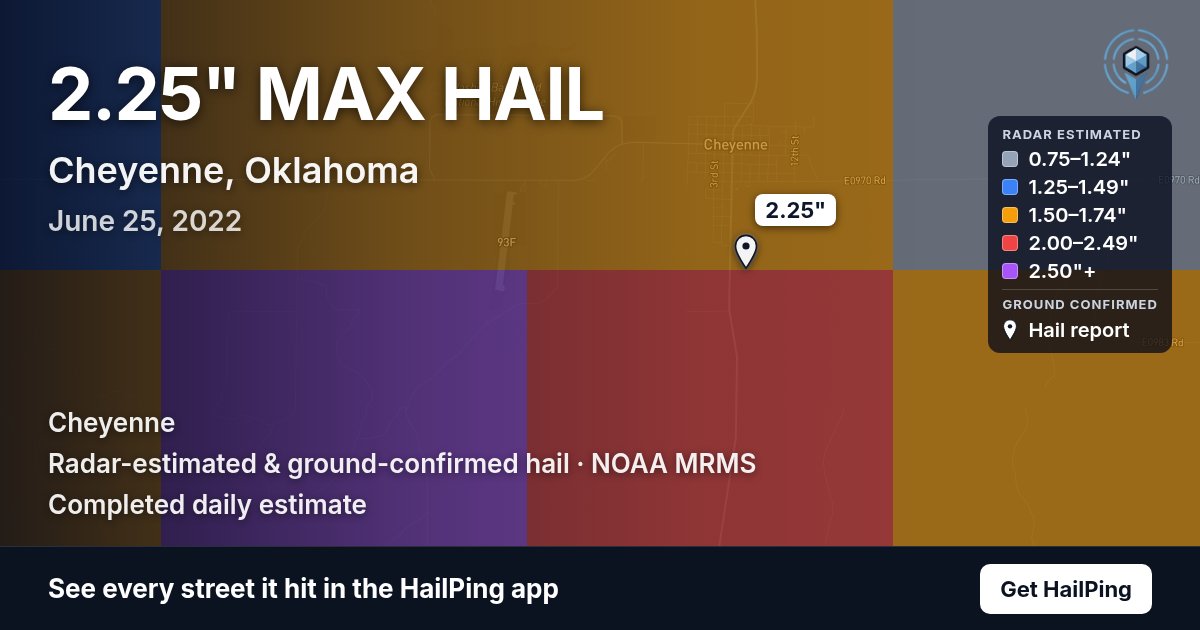 Storm map for Cheyenne, OK on June 25, 2022, showing where hail was reported