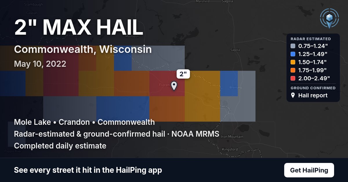 Storm map for Commonwealth, WI on May 10, 2022, showing where hail was reported