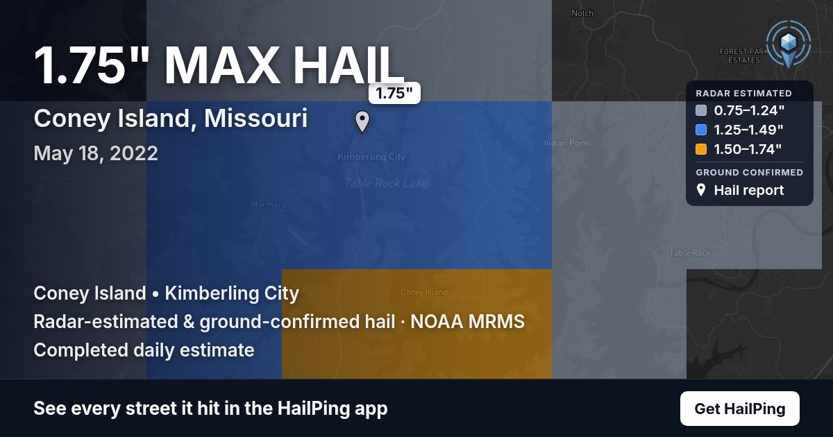 Storm map for Coney Island, MO on May 18, 2022, showing where hail was reported