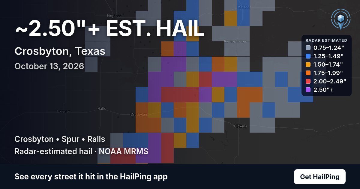 Storm map for Crosbyton, TX on October 13, 2026, showing the radar-estimated hail area