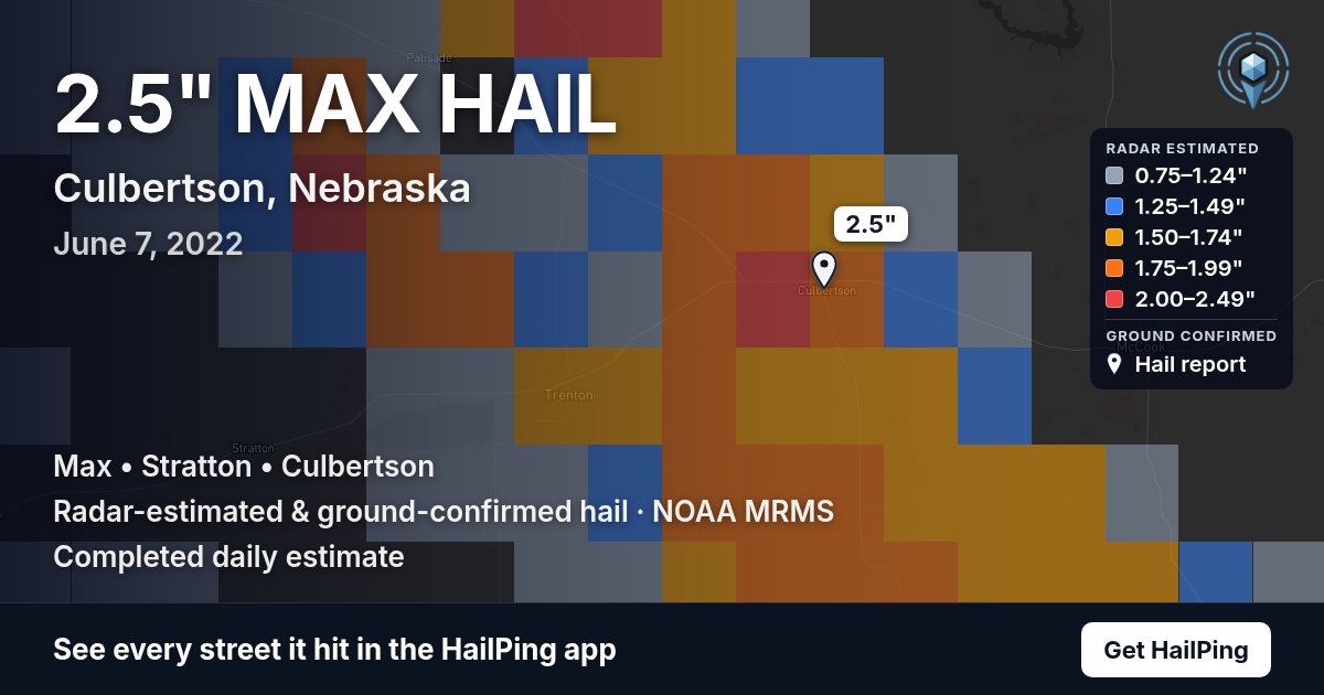 Storm map for Culbertson, NE on June 7, 2022, showing where hail was reported