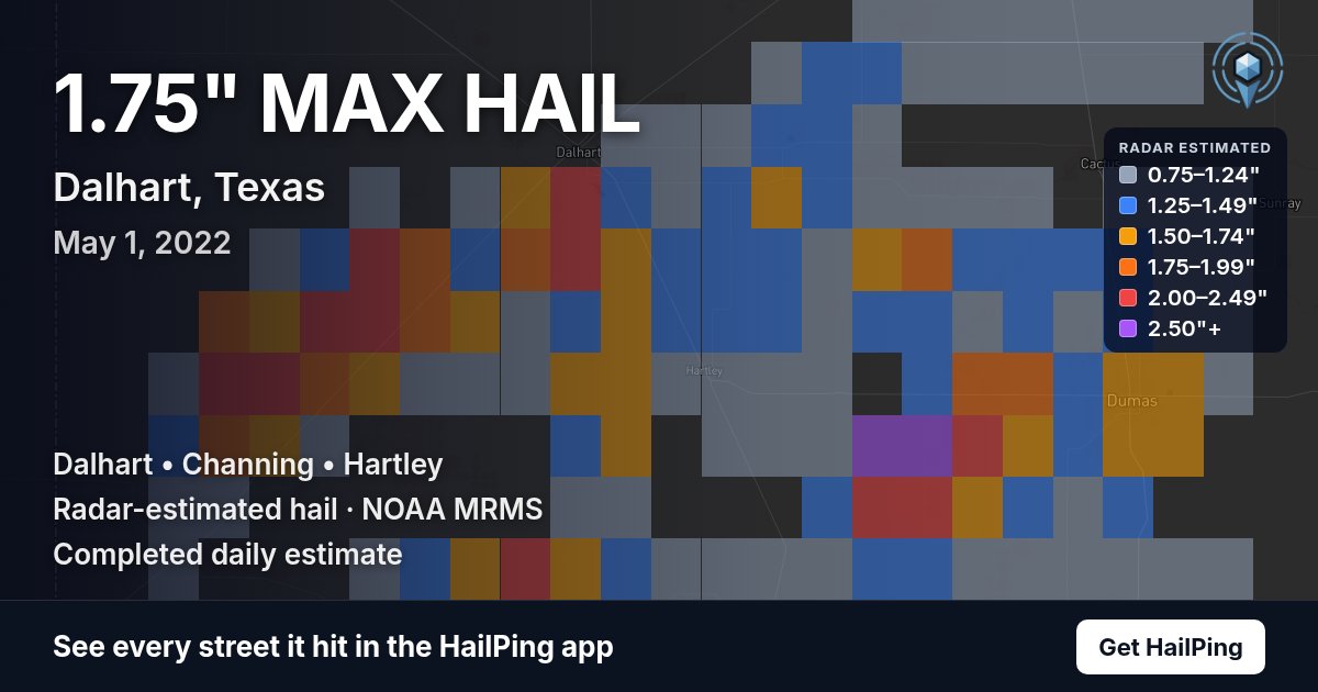 Storm map for Dalhart, TX on May 1, 2022, showing where hail was reported