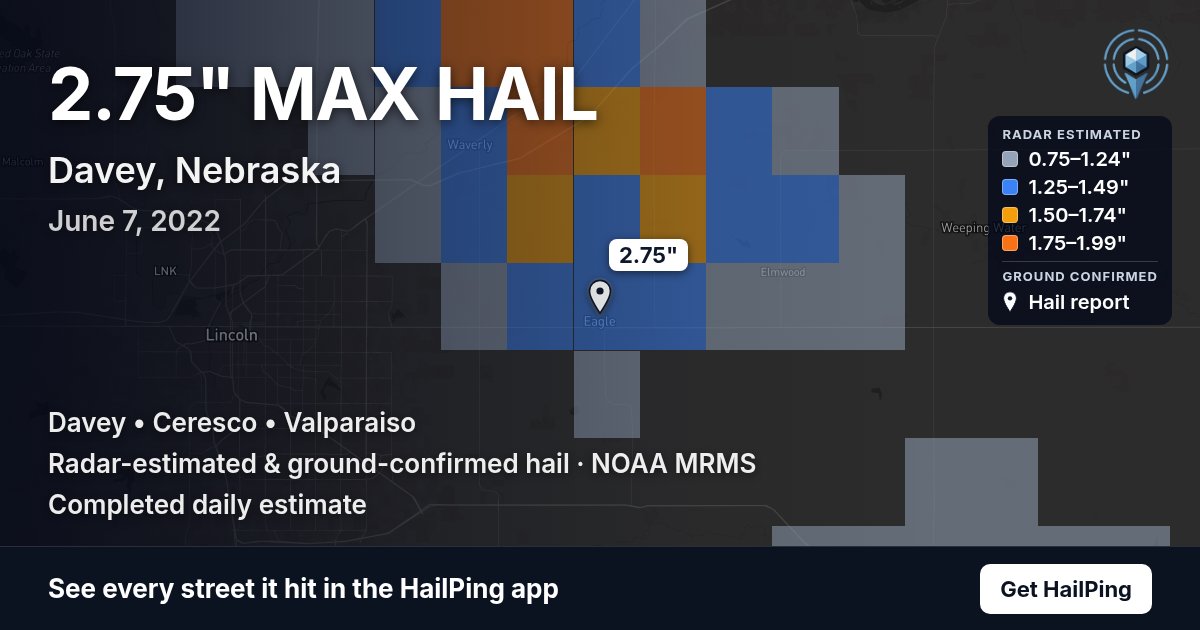 Storm map for Davey, NE on June 7, 2022, showing where hail was reported