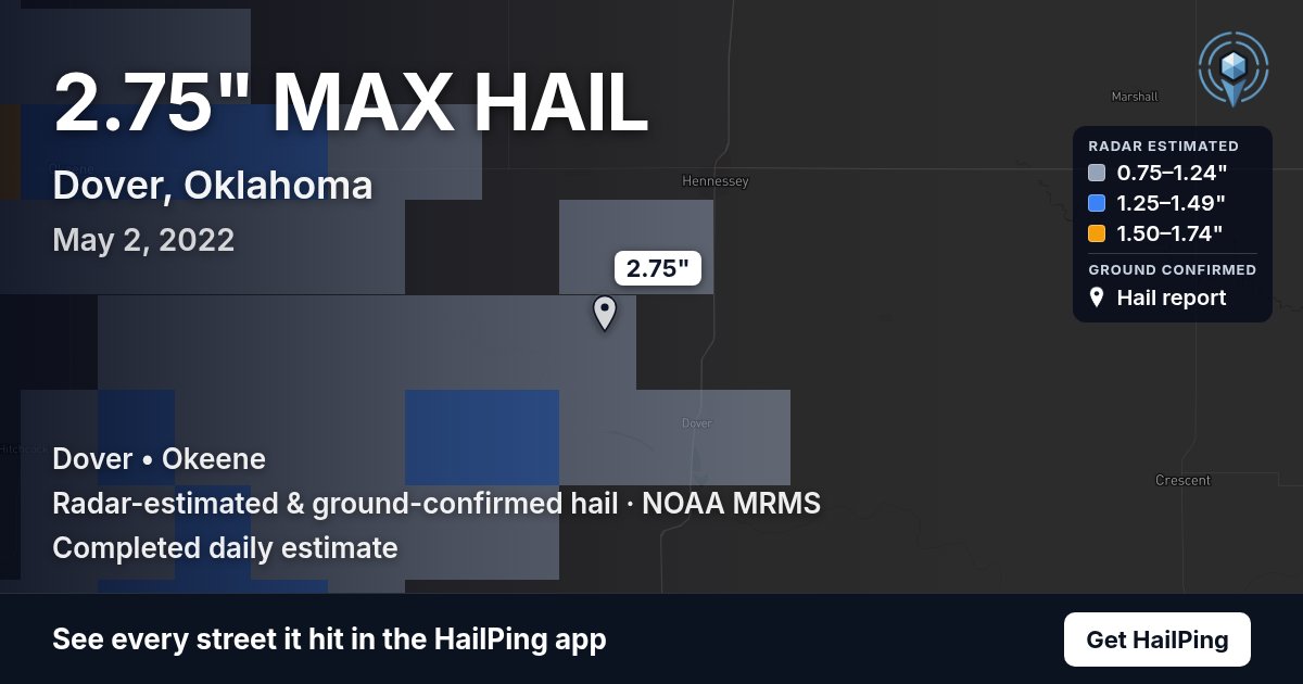 Storm map for Dover, OK on May 2, 2022, showing where hail was reported