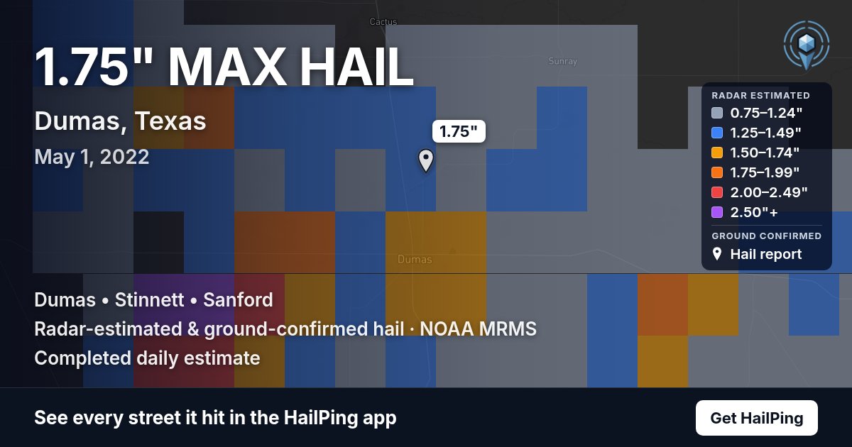 Storm map for Dumas, TX on May 1, 2022, showing where hail was reported