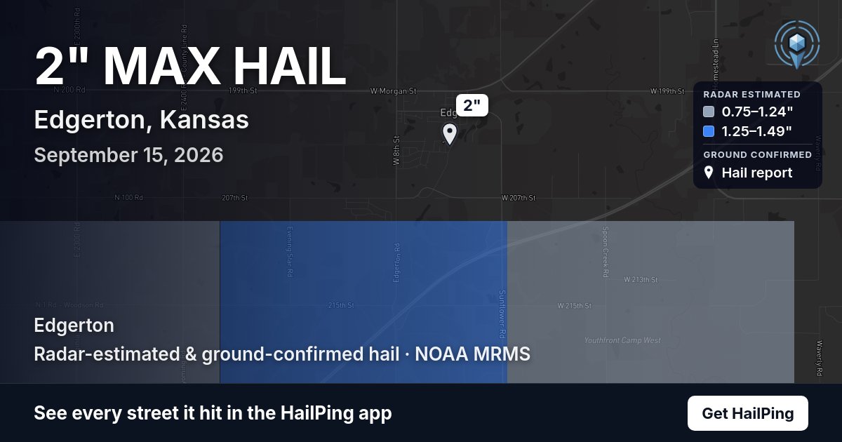 Storm map for Edgerton, KS on September 15, 2026, showing where hail was reported