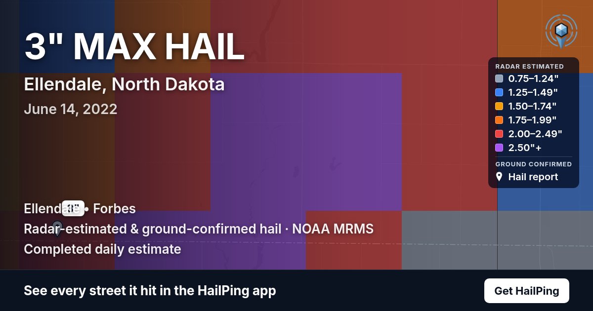 Storm map for Ellendale, ND on June 14, 2022, showing where hail was reported