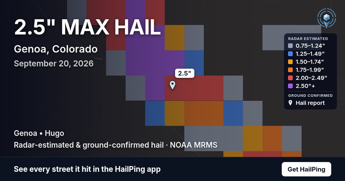 Storm map for Genoa, CO on September 20, 2026, showing where hail was reported