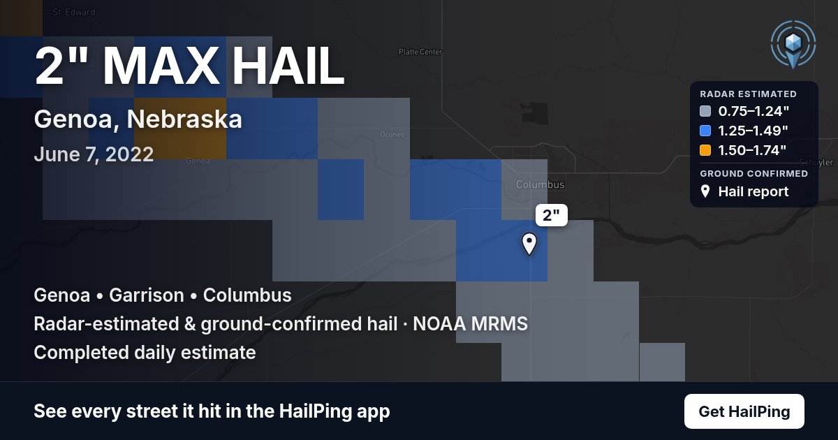 Storm map for Genoa, NE on June 7, 2022, showing where hail was reported