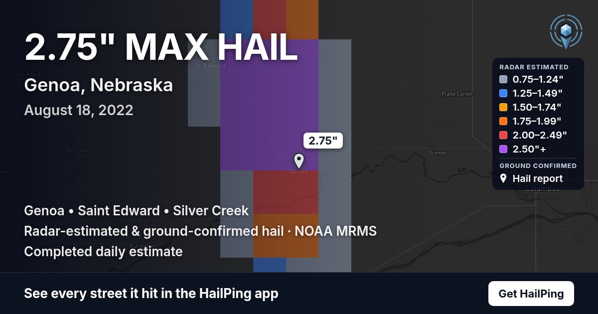 Storm map for Genoa, NE on August 18, 2022, showing where hail was reported