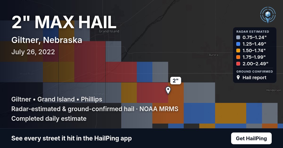 Storm map for Giltner, NE on July 26, 2022, showing where hail was reported