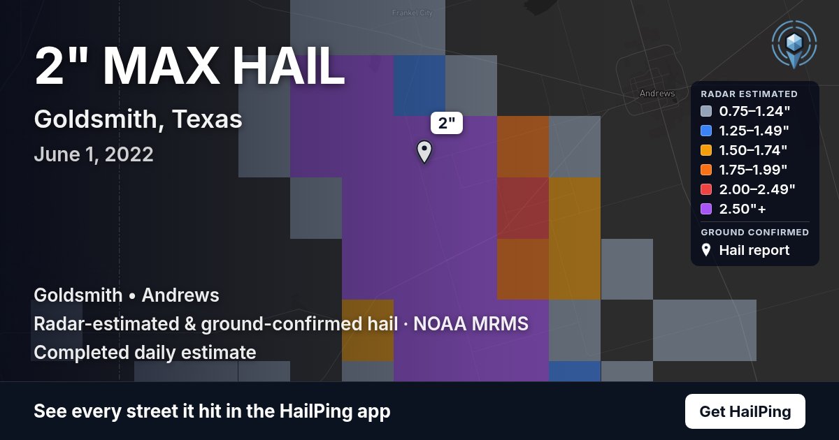 Storm map for Goldsmith, TX on June 1, 2022, showing where hail was reported