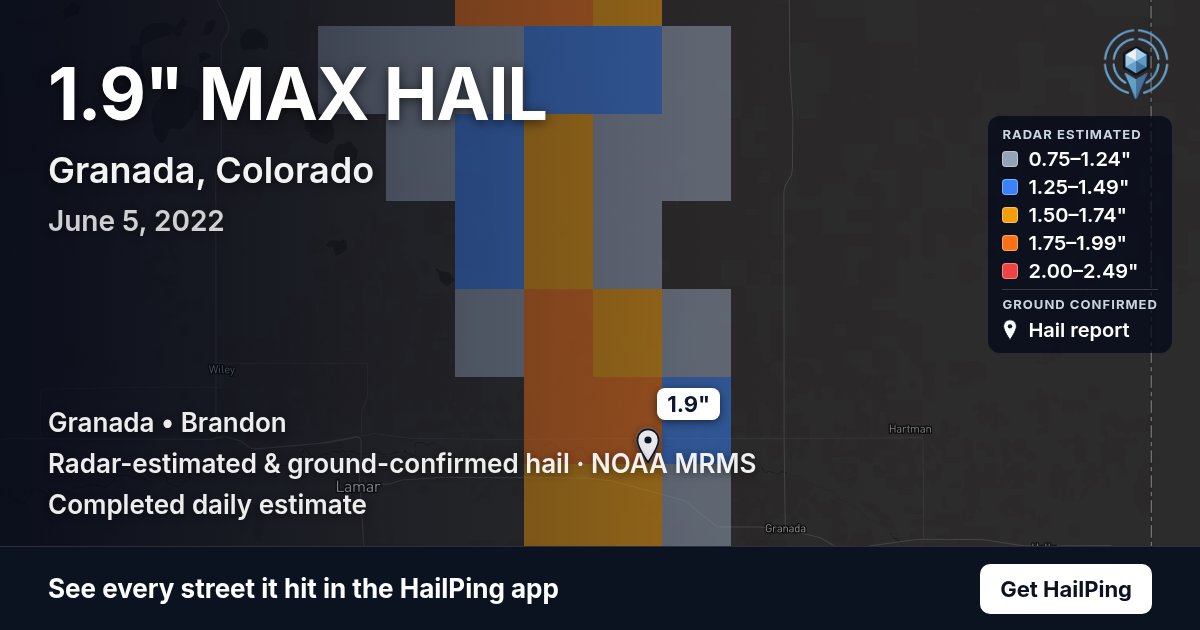 Storm map for Granada, CO on June 5, 2022, showing where hail was reported