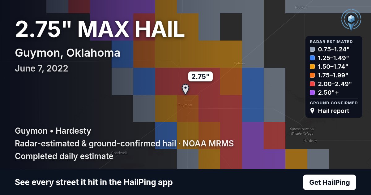 Storm map for Guymon, OK on June 7, 2022, showing where hail was reported