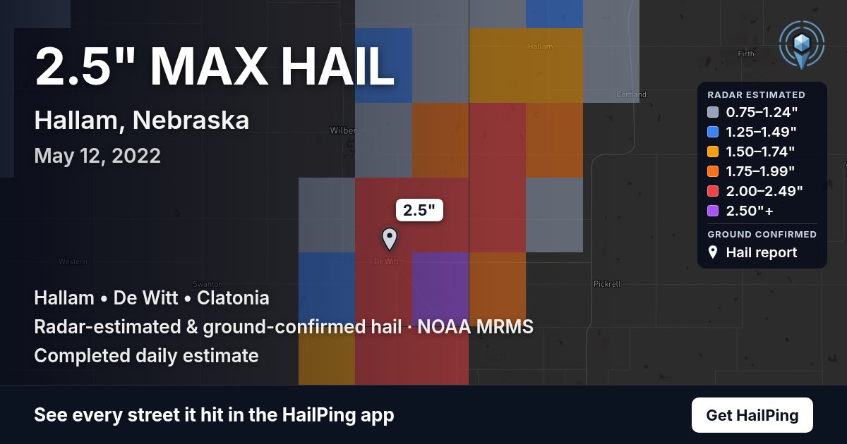 Storm map for Hallam, NE on May 12, 2022, showing where hail was reported