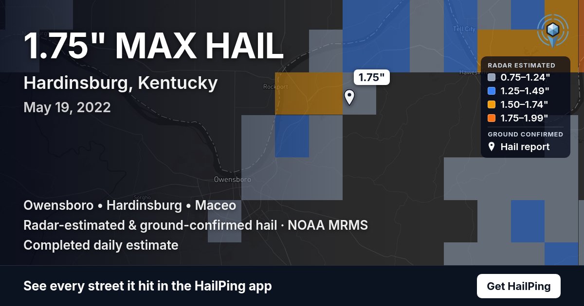 Storm map for Hardinsburg, KY on May 19, 2022, showing where hail was reported
