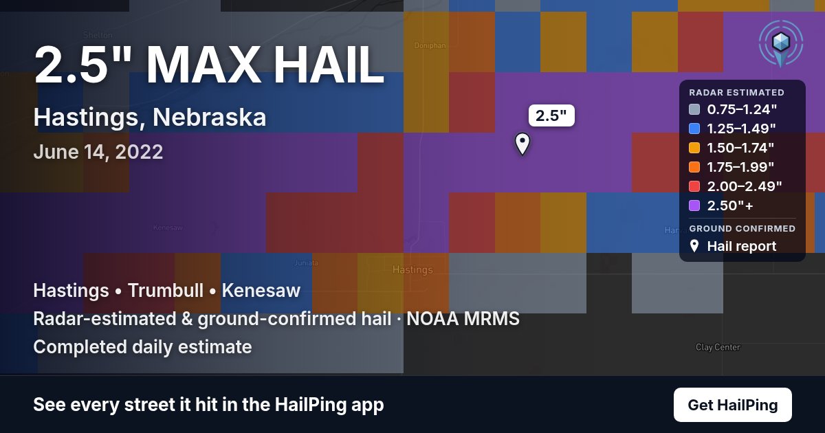 Storm map for Hastings, NE on June 14, 2022, showing where hail was reported