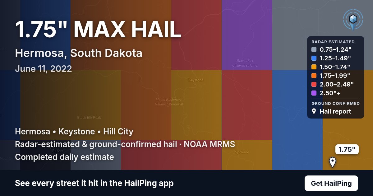 Storm map for Hermosa, SD on June 11, 2022, showing where hail was reported
