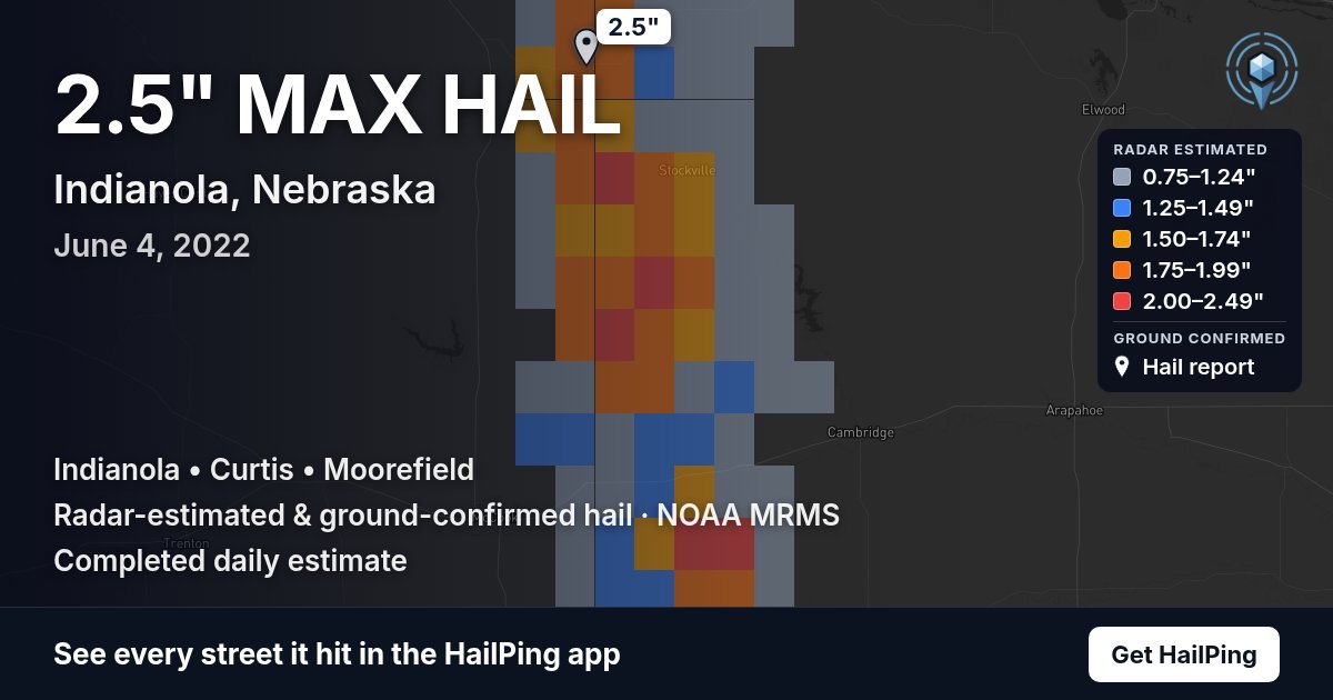 Storm map for Indianola, NE on June 4, 2022, showing where hail was reported