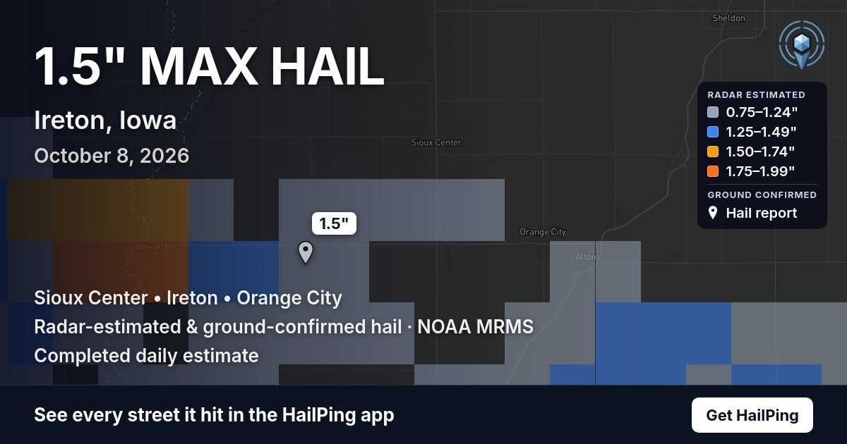 Storm map for Ireton, IA on October 8, 2026, showing where hail was reported
