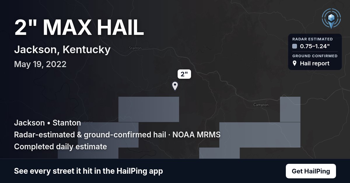 Storm map for Jackson, KY on May 19, 2022, showing where hail was reported