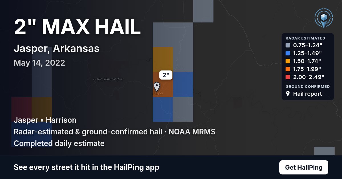 Storm map for Jasper, AR on May 14, 2022, showing where hail was reported