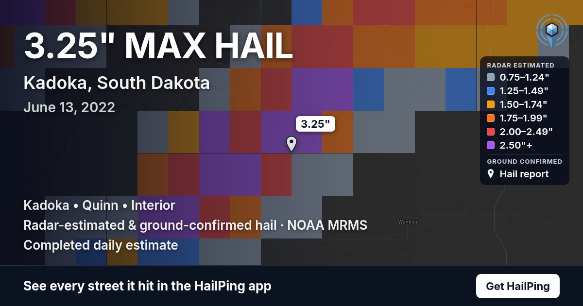 Storm map for Kadoka, SD on June 13, 2022, showing where hail was reported