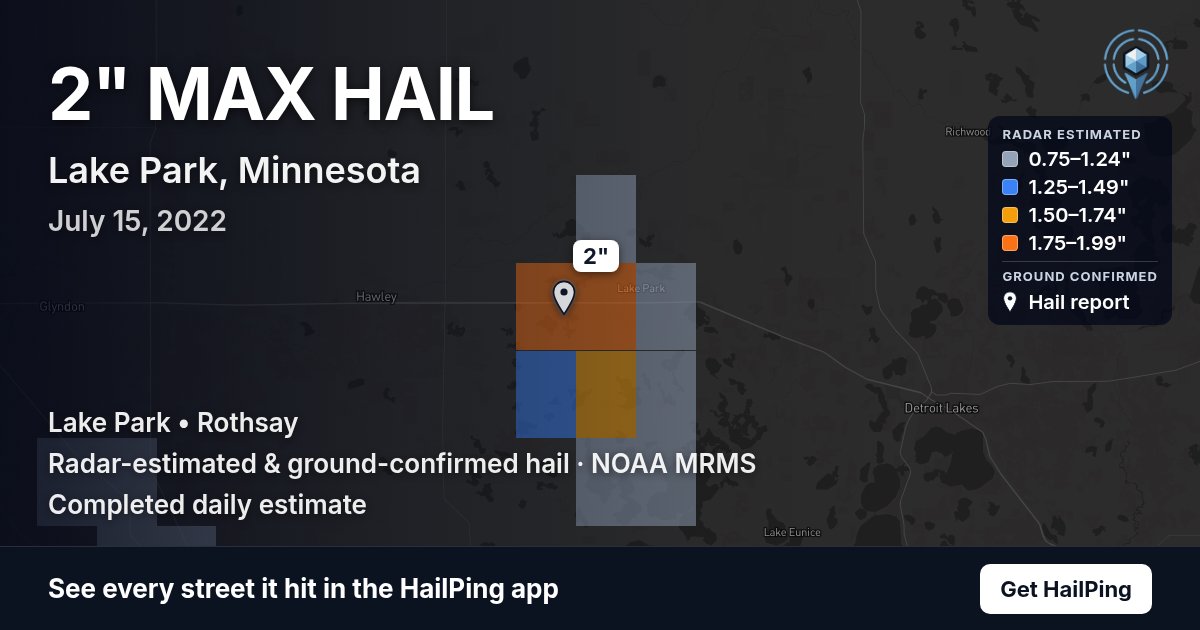 Storm map for Lake Park, MN on July 15, 2022, showing where hail was reported