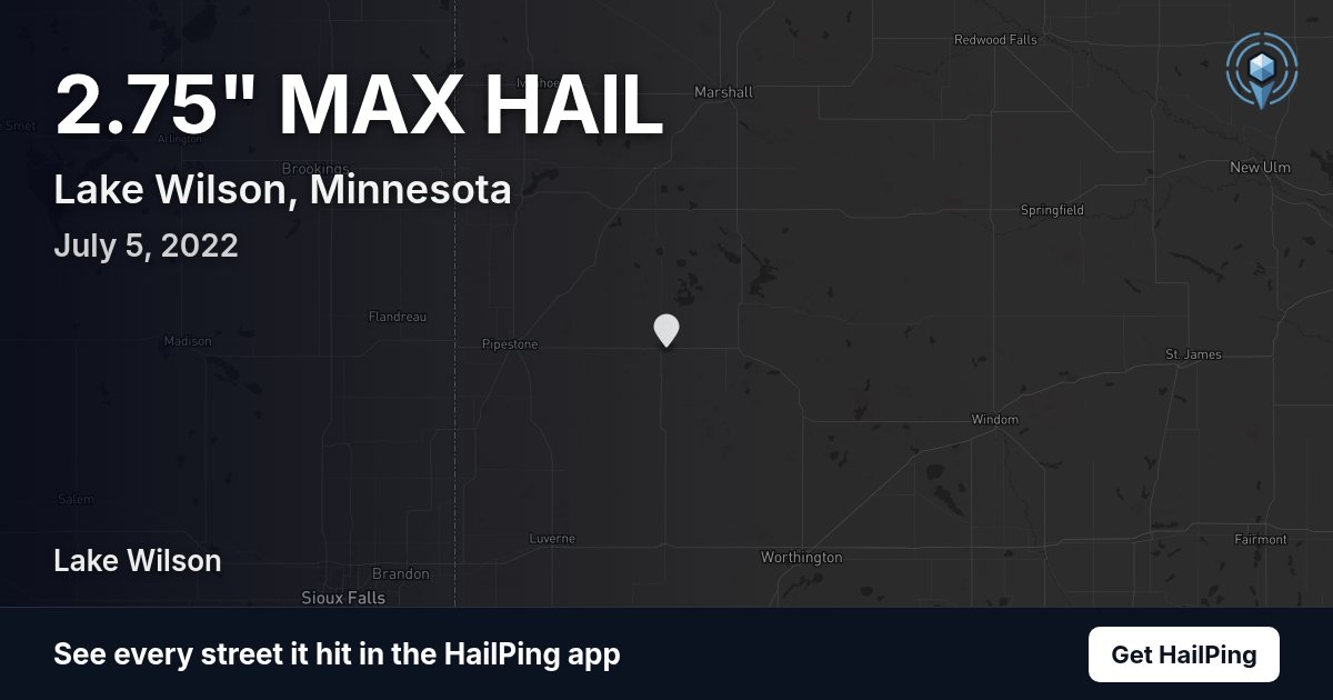 Storm map for Lake Wilson, MN on July 5, 2022, showing where hail was reported