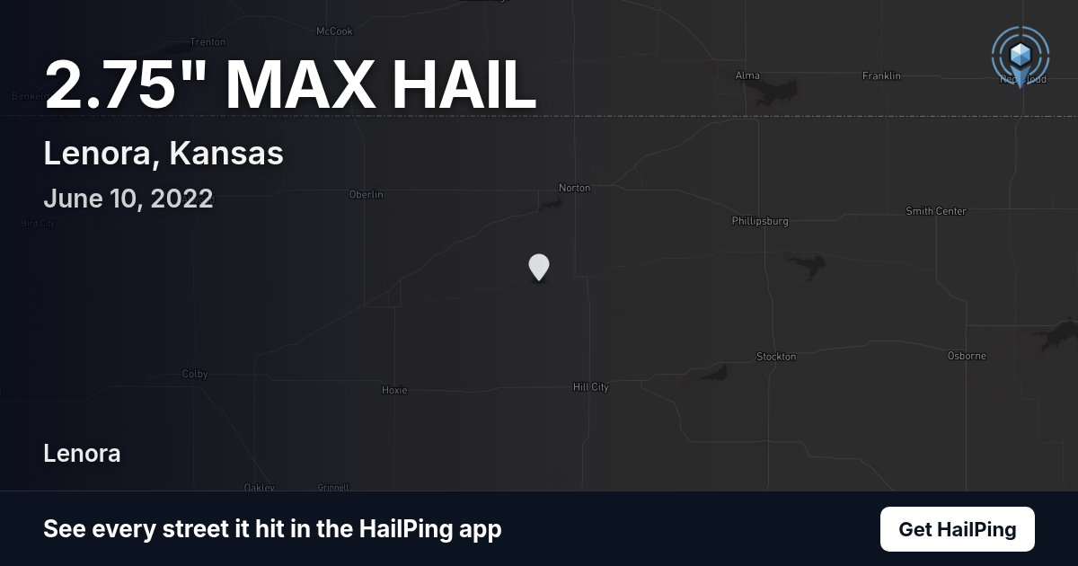 Storm map for Lenora, KS on June 10, 2022, showing where hail was reported