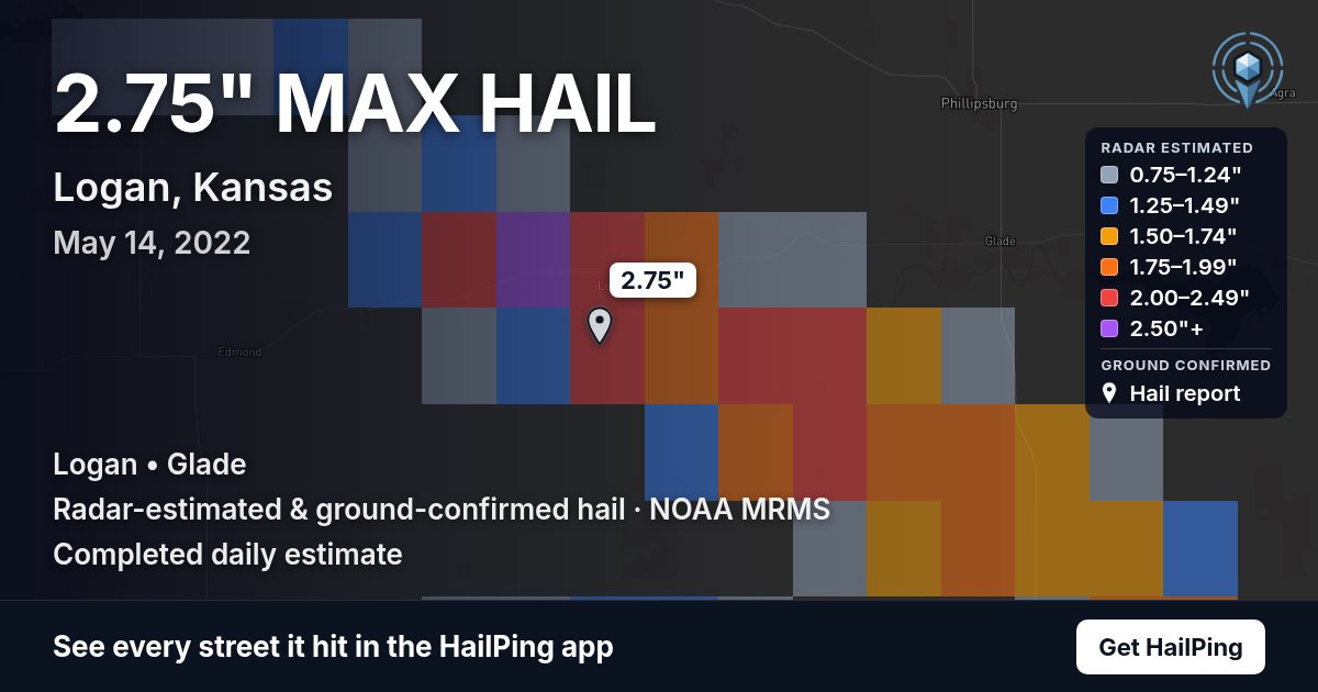 Storm map for Logan, KS on May 14, 2022, showing where hail was reported