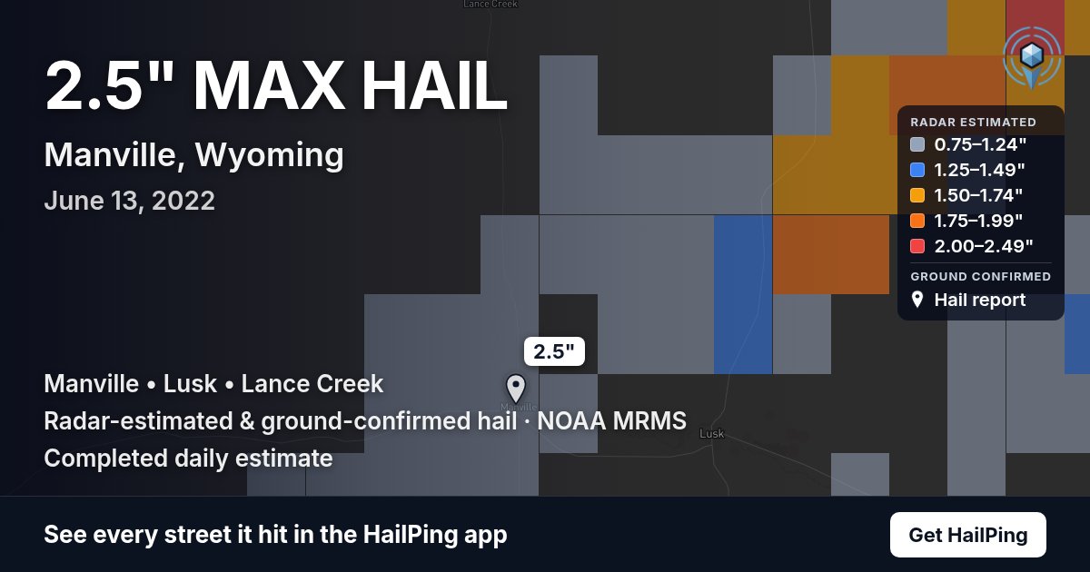 Storm map for Manville, WY on June 13, 2022, showing where hail was reported
