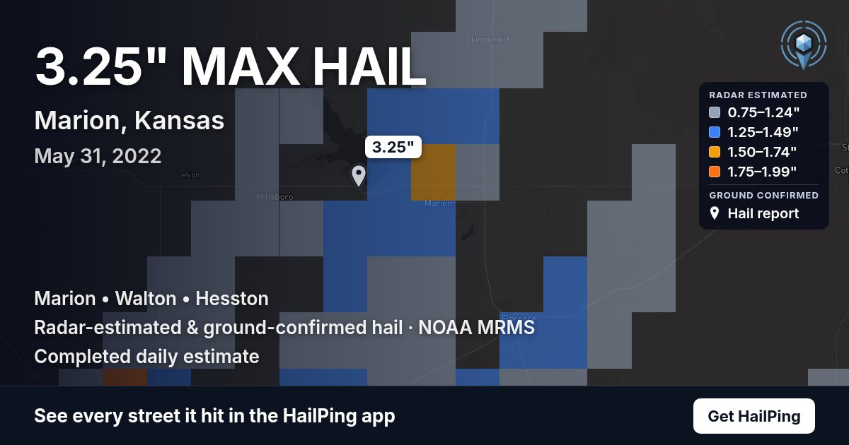 Storm map for Marion, KS on May 31, 2022, showing where hail was reported
