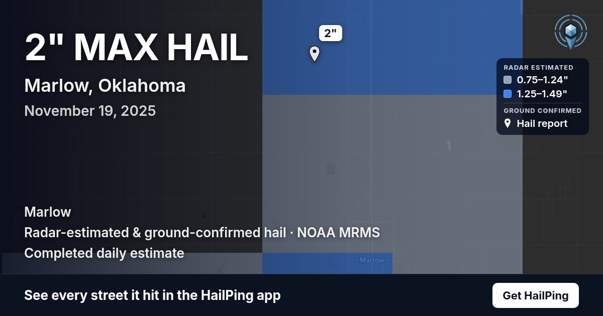 Storm map for Marlow, OK on November 19, 2025, showing where hail was reported